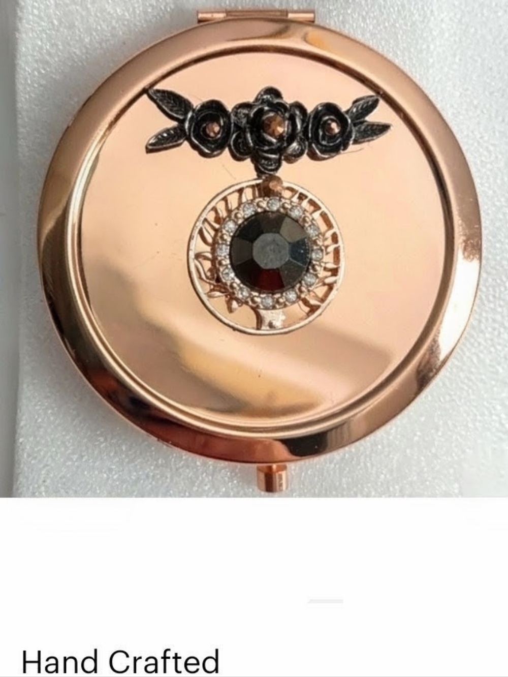 Rose Gold Compact Mirror Case w/ Black & Copper Jewels